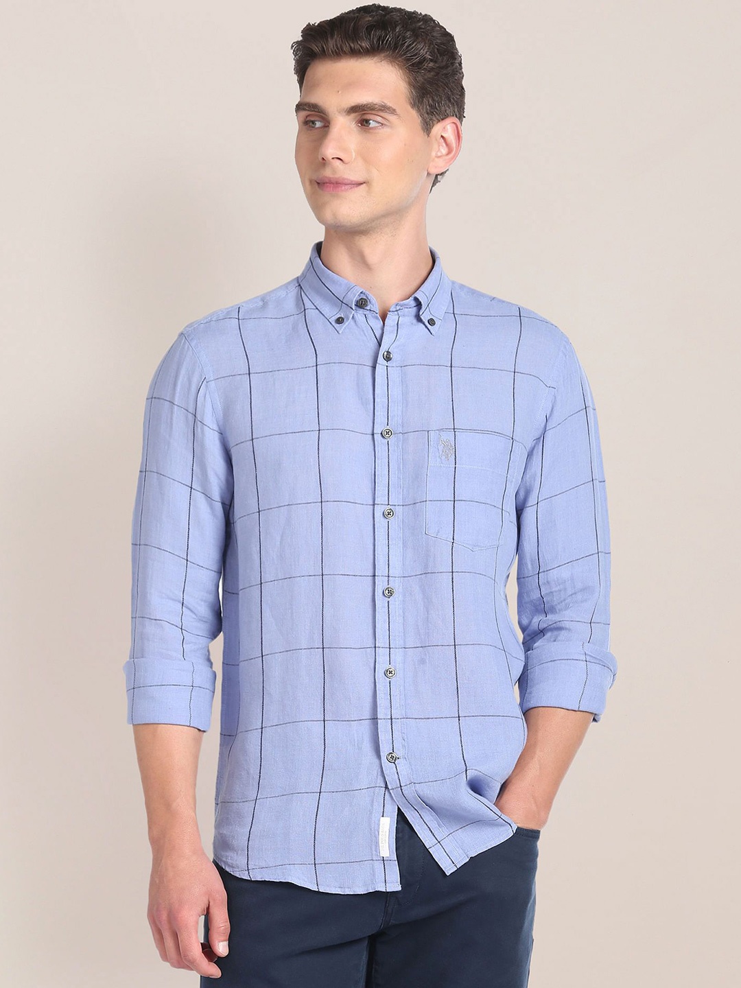 U.S. Polo Assn. Men Slim Fit Button-Down Collar Windowpane Checked Linen Casual Shirt, Blue
U.S. Polo Assn. Men Slim Fit Button-Down Collar Windowpane Checked Linen Casual Shirt, Blue
