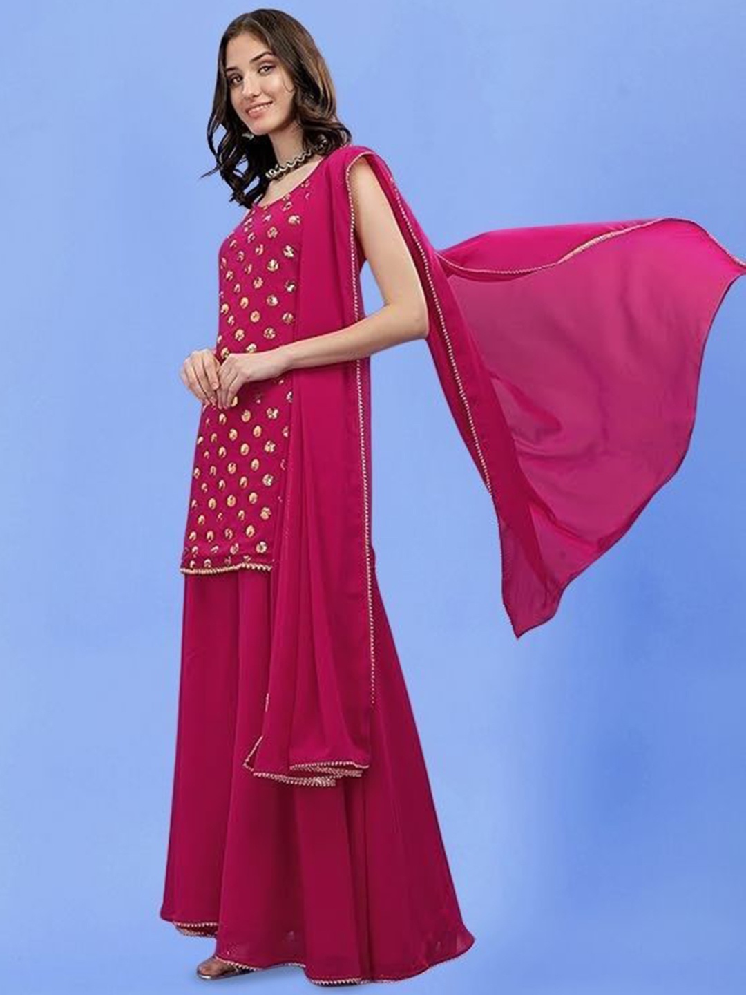 PARROT CREATION Geometric Embroidered Sequinned Georgette Kurti with Sharara And Dupatta, Pink
PARROT CREATION Geometric Embroidered Sequinned Georgette Kurti with Sharara And Dupatta, Pink