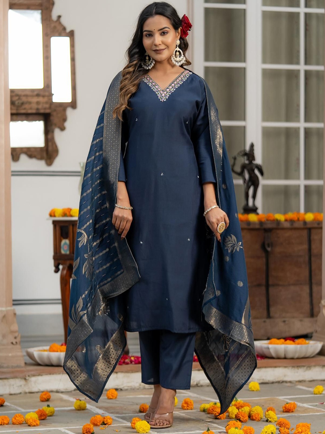 Moda Rapido Floral Embroidered V Neck Raw Silk Kurta With Trouser And Dupatta, Blue
Moda Rapido Floral Embroidered V Neck Raw Silk Kurta With Trouser And Dupatta, Blue