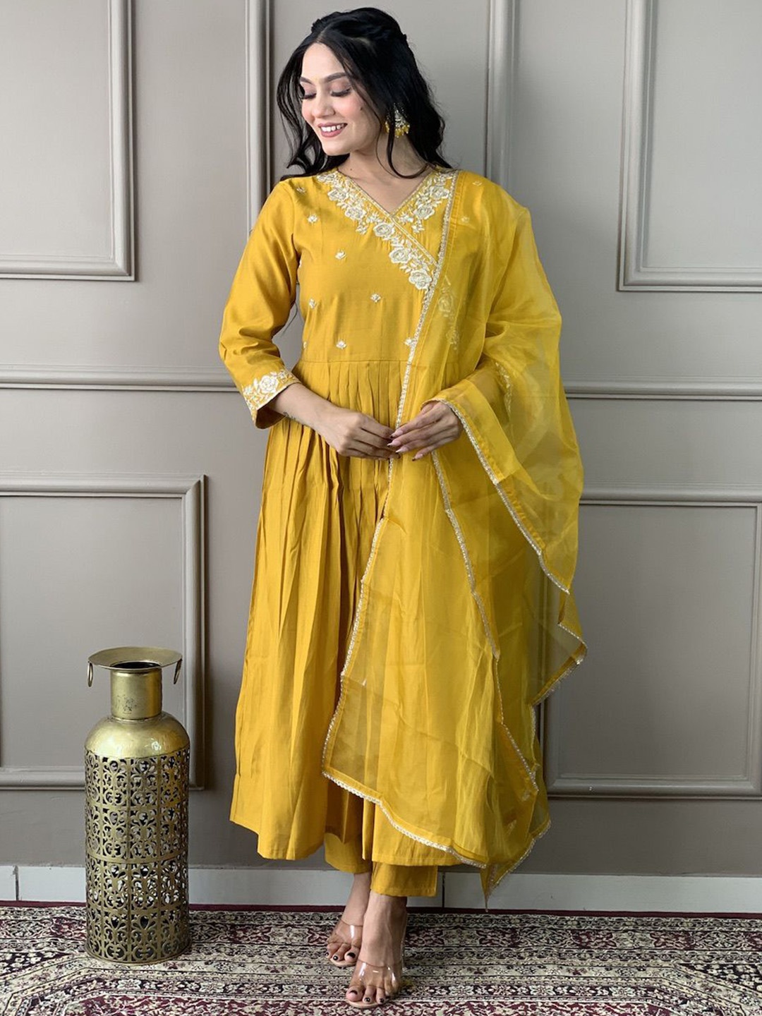 KALINI Floral Embroidered V-Neck Angrakha Anarkali Kurta With Trousers And Dupatta, Yellow
KALINI Floral Embroidered V-Neck Angrakha Anarkali Kurta With Trousers And Dupatta, Yellow