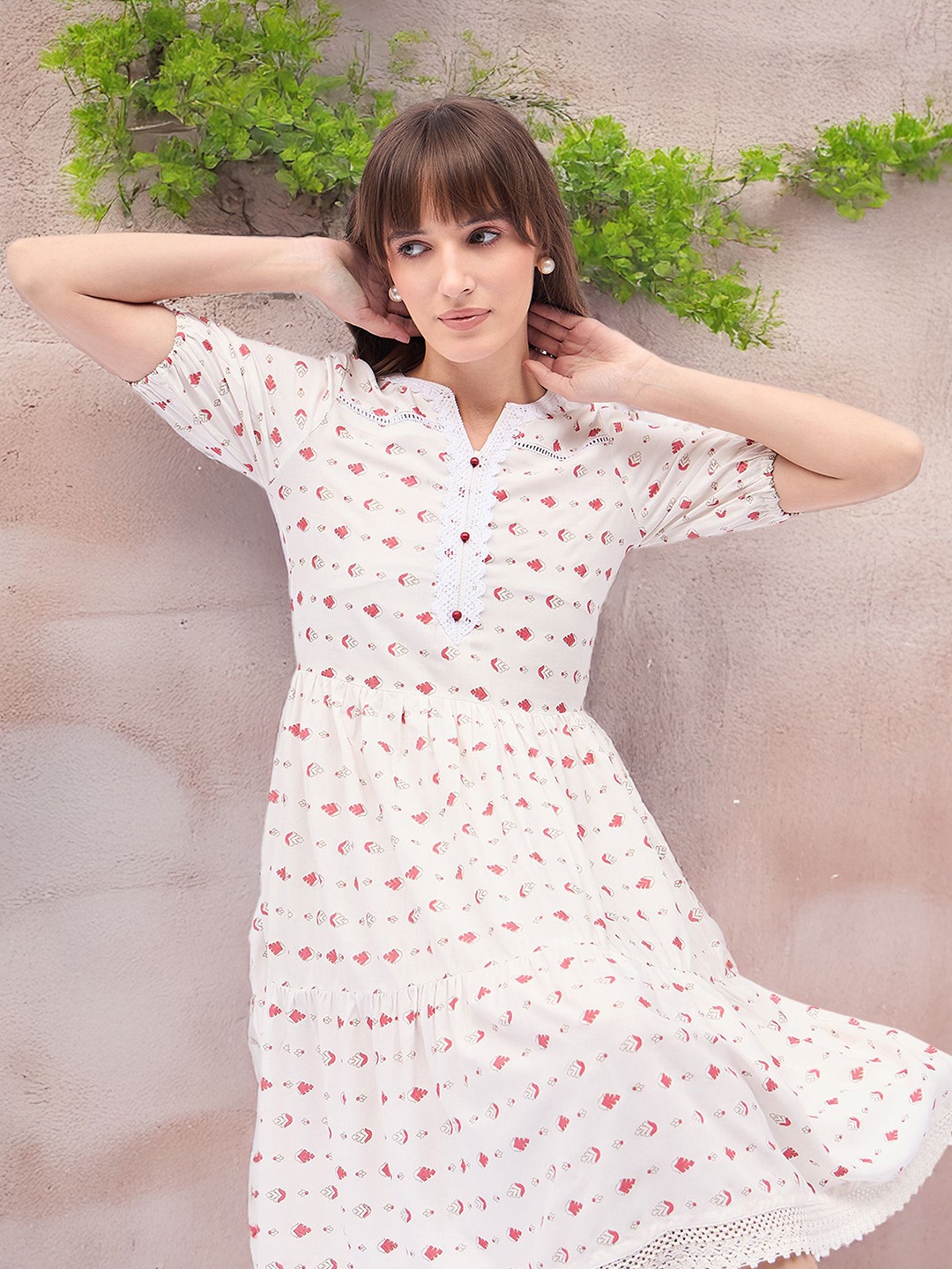 DressBerry Ethnic Motifs Print Lace Inserts V-Neck Puff Sleeves Fit & Flare Dress, White
DressBerry Ethnic Motifs Print Lace Inserts V-Neck Puff Sleeves Fit & Flare Dress, White