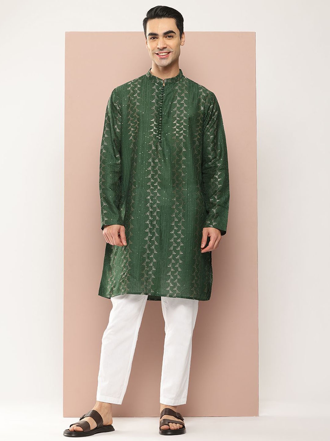 See Designs Striped Embroidered Sequinned Mandarin Collar Chanderi Silk Straight Kurta, Green
See Designs Striped Embroidered Sequinned Mandarin Collar Chanderi Silk Straight Kurta, Green