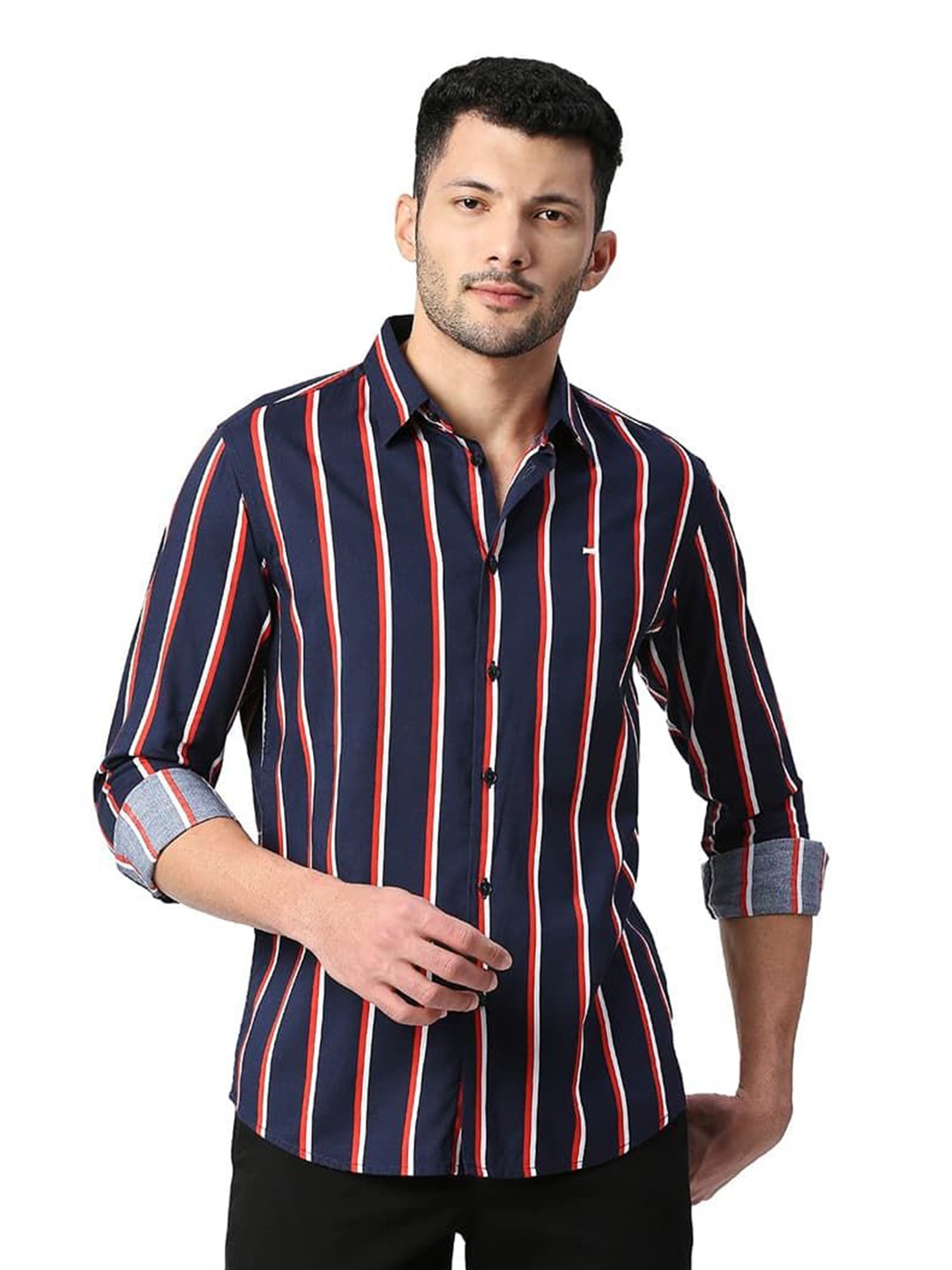 Basics Men Relaxed Slim Fit Spread Collar Vertical Striped Cotton Casual Shirt, Navy blue
Basics Men Relaxed Slim Fit Spread Collar Vertical Striped Cotton Casual Shirt, Navy blue