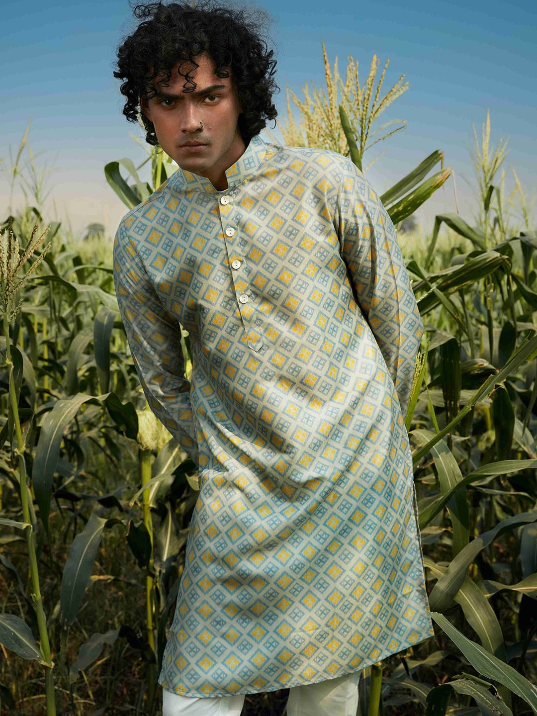 Eleven Brothers Geometric Printed Mandarin Collar Straight Kurta With Pyjamas, Blue
Eleven Brothers Geometric Printed Mandarin Collar Straight Kurta With Pyjamas, Blue