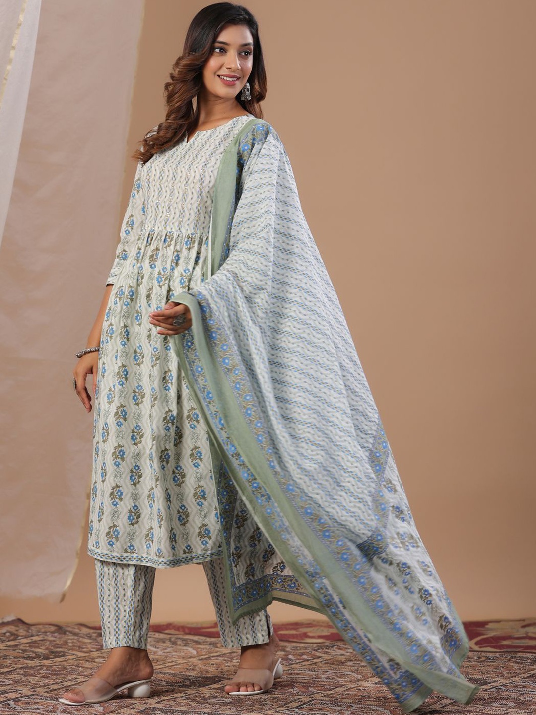 Sangria Floral Printed Notch Neck Pleated Anarkali Pure Cotton Kurta With Trousers, White
Sangria Floral Printed Notch Neck Pleated Anarkali Pure Cotton Kurta With Trousers, White
