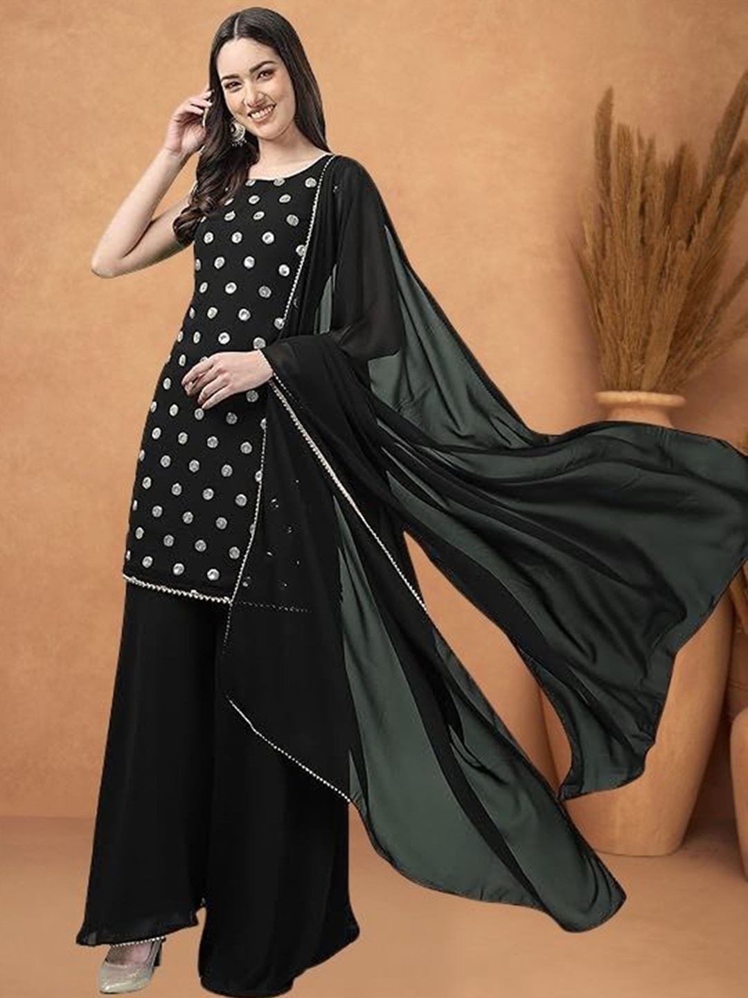 PARROT CREATION Geometric Embroidered Georgette Straight Kurti With Sharara & Dupatta, Black
PARROT CREATION Geometric Embroidered Georgette Straight Kurti With Sharara & Dupatta, Black