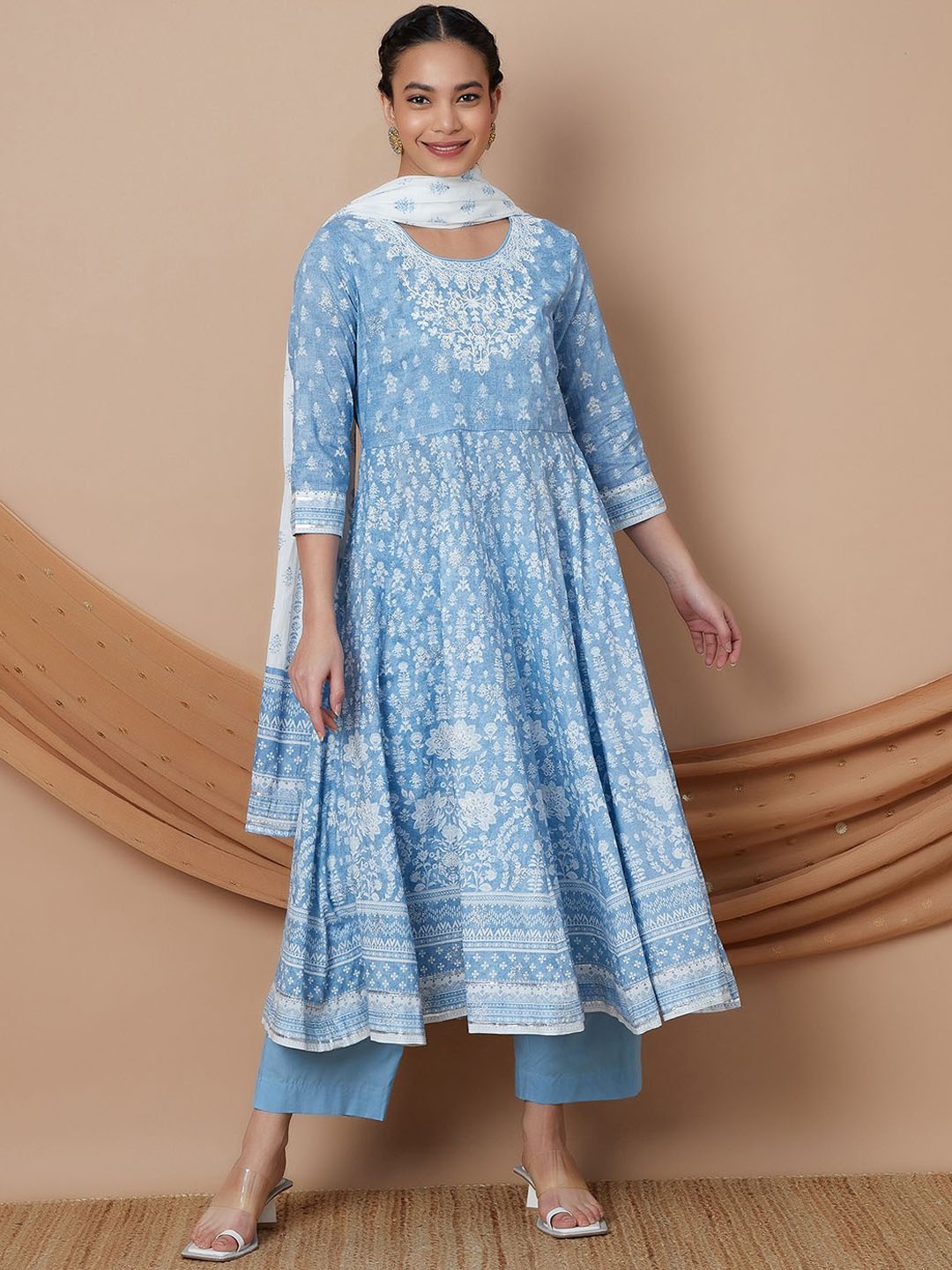 Melange by Lifestyle Floral Printed Pure Cotton Anarkali Kurta With Trousers & Dupatta, Blue
Melange by Lifestyle Floral Printed Pure Cotton Anarkali Kurta With Trousers & Dupatta, Blue