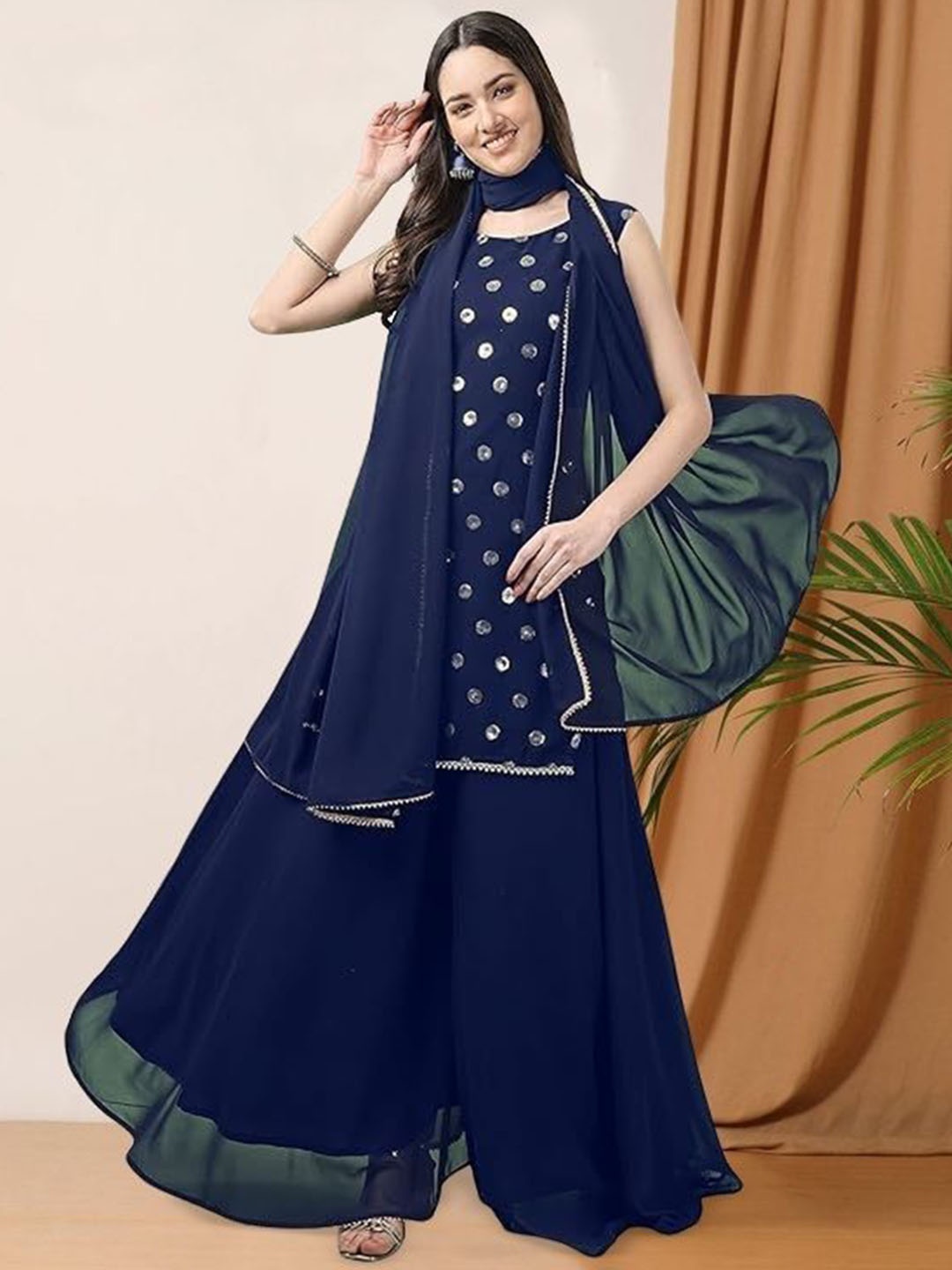 PARROT CREATION Geometric Embroidered Sequinned Georgette Kurti with Sharara And Dupatta, Navy blue
PARROT CREATION Geometric Embroidered Sequinned Georgette Kurti with Sharara And Dupatta, Navy blue