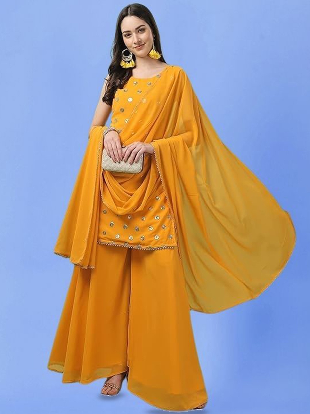 PARROT CREATION Geometric Embroidered Georgette Straight Kurti With Sharara & Dupatta, Yellow
PARROT CREATION Geometric Embroidered Georgette Straight Kurti With Sharara & Dupatta, Yellow