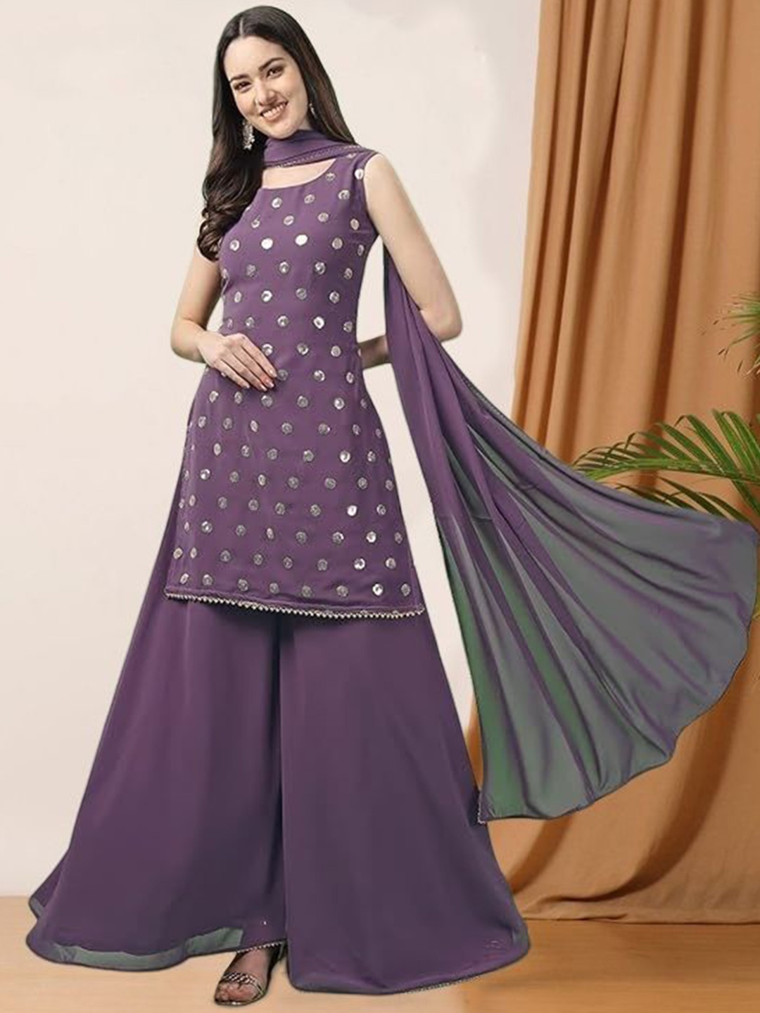 PARROT CREATION Geometric Embroidered Sequinned Georgette Kurti with Sharara And Dupatta, Lavender
PARROT CREATION Geometric Embroidered Sequinned Georgette Kurti with Sharara And Dupatta, Lavender