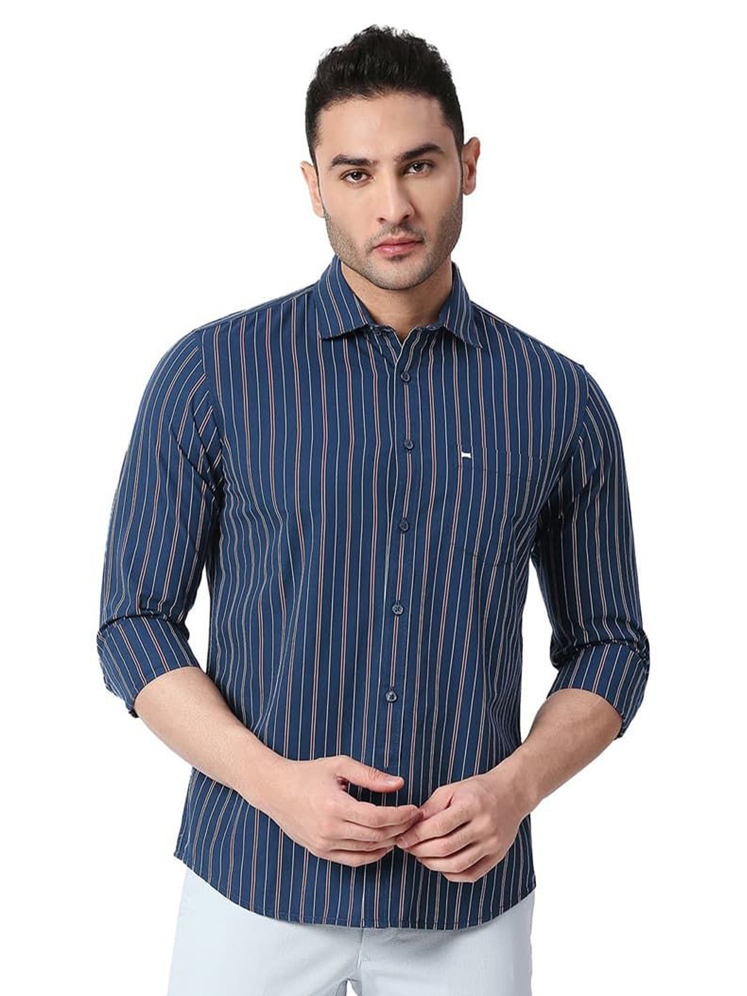 Basics Men Relaxed Fit Spread Collar Vertical Striped Cotton Casual Shirt, Navy blue 
Basics Men Relaxed Fit Spread Collar Vertical Striped Cotton Casual Shirt, Navy blue