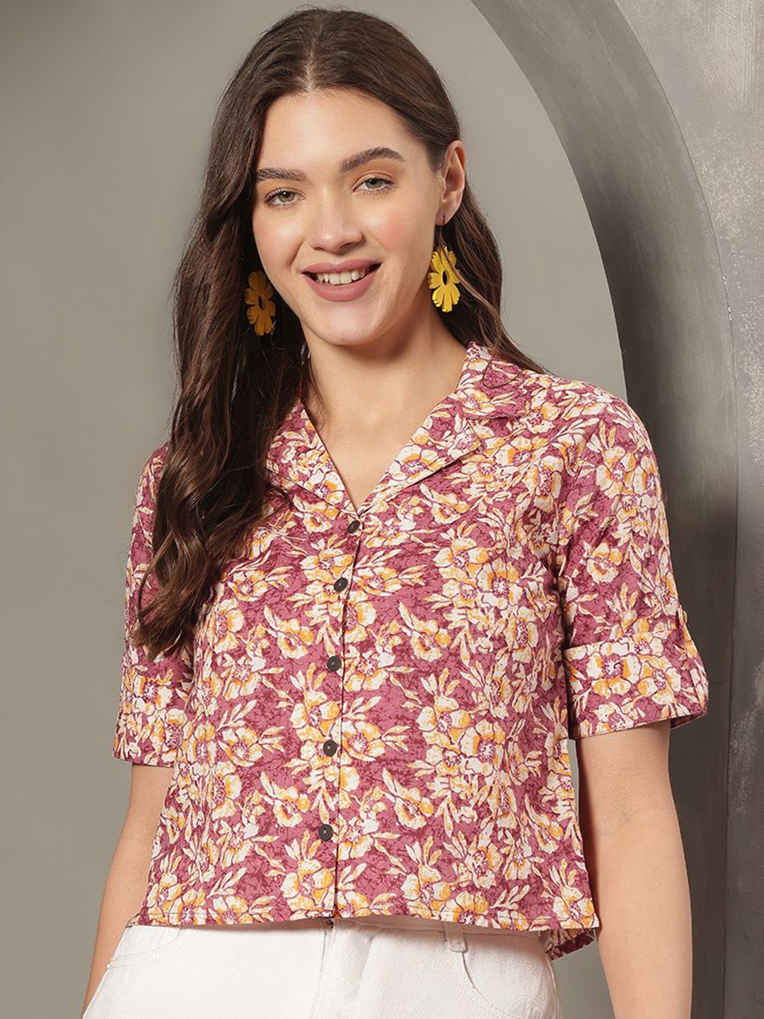 JANAKDULARI CREATION Floral Print Roll-Up Sleeves Cotton Shirt Style Crop Top, Magenta
JANAKDULARI CREATION Floral Print Roll-Up Sleeves Cotton Shirt Style Crop Top, Magenta