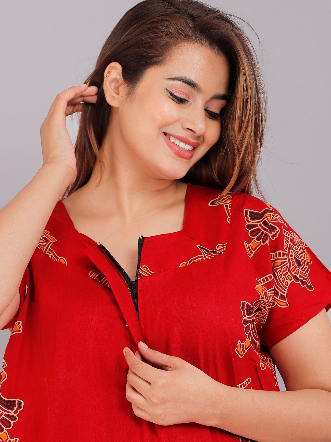 PR PINK ROYAL Women Pure Cotton Square Neck Ethnic Motifs Printed Maxi Nightdress, Red
PR PINK ROYAL Women Pure Cotton Square Neck Ethnic Motifs Printed Maxi Nightdress, Red