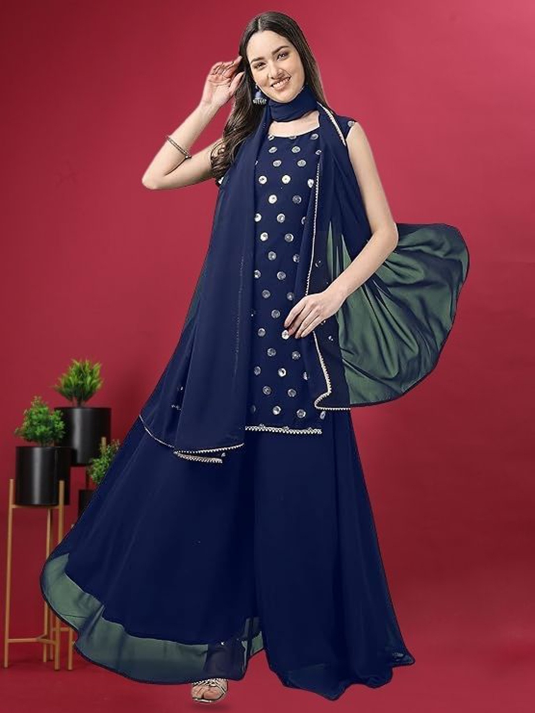 PARROT CREATION Polka Dot Printed Gotta Patti Round Neck Kurti With Sharara & Dupatta, Navy blue
PARROT CREATION Polka Dot Printed Gotta Patti Round Neck Kurti With Sharara & Dupatta, Navy blue