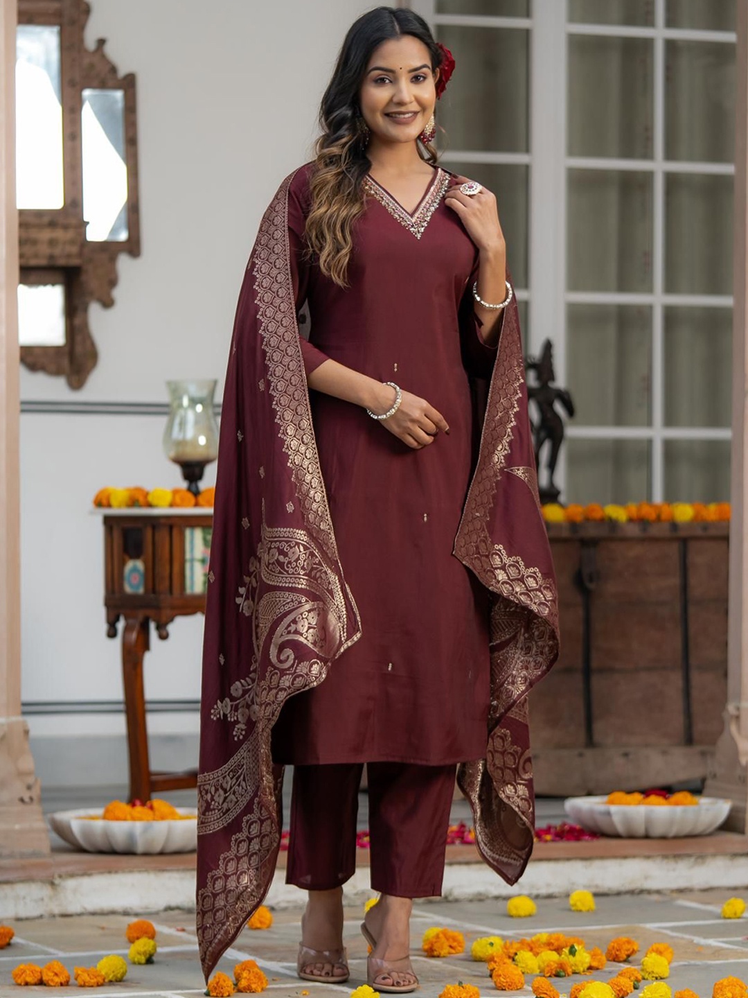 Moda Rapido Brown Yoke Design V-Neck Raw Silk Straight Kurta With Trousers & Dupatta
Moda Rapido Brown Yoke Design V-Neck Raw Silk Straight Kurta With Trousers & Dupatta