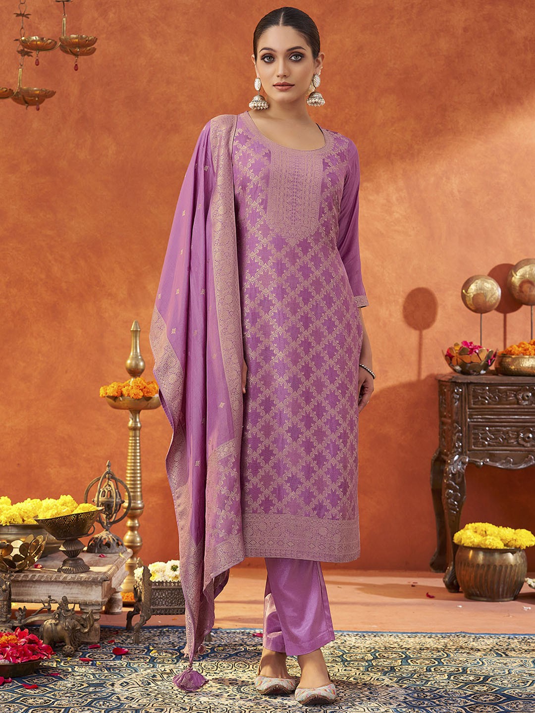 Saanjh Ethnic Motifs Woven Design Pure Muslin Straight Kurta With Trousers & Dupatta, Lavender
Saanjh Ethnic Motifs Woven Design Pure Muslin Straight Kurta With Trousers & Dupatta, Lavender