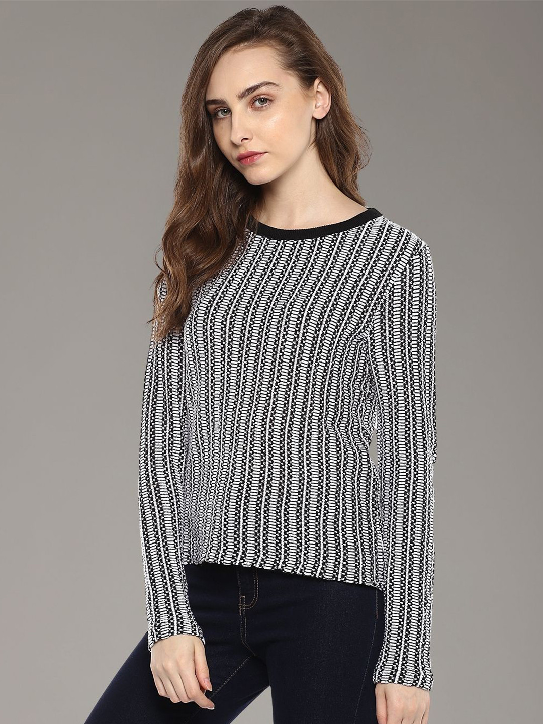 Moda Elementi Women Round Neck Long Sleeves Striped Pullover Sweaters, Black
Moda Elementi Women Round Neck Long Sleeves Striped Pullover Sweaters, Black