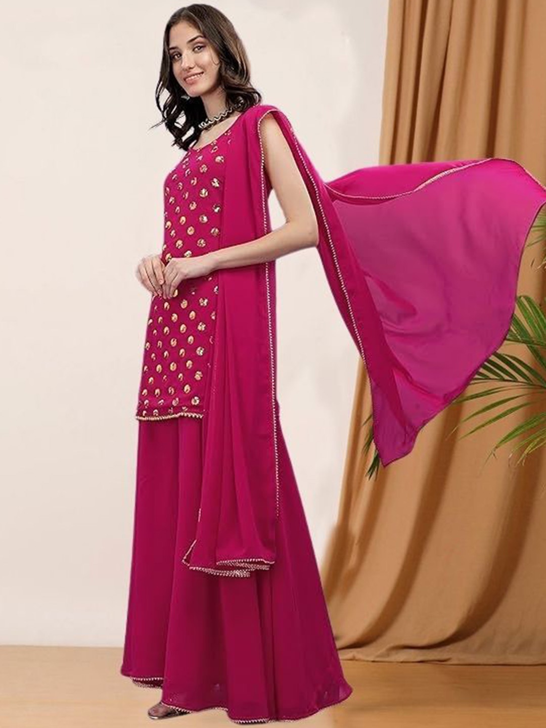 PARROT CREATION Geometric Embroidered Georgette Straight Kurti With Palazzo & Dupatta, Pink
PARROT CREATION Geometric Embroidered Georgette Straight Kurti With Palazzo & Dupatta, Pink
