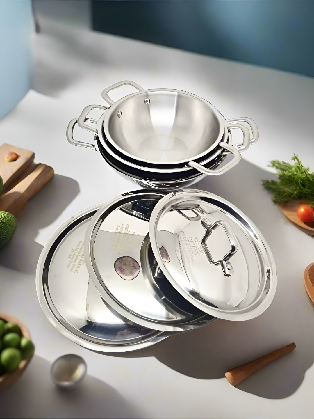 Nyra Kitchenware Silver-Toned 3 Pieces Tri Ply Stainless Steel Serving Kadhai With Lid
Nyra Kitchenware Silver-Toned 3 Pieces Tri Ply Stainless Steel Serving Kadhai With Lid