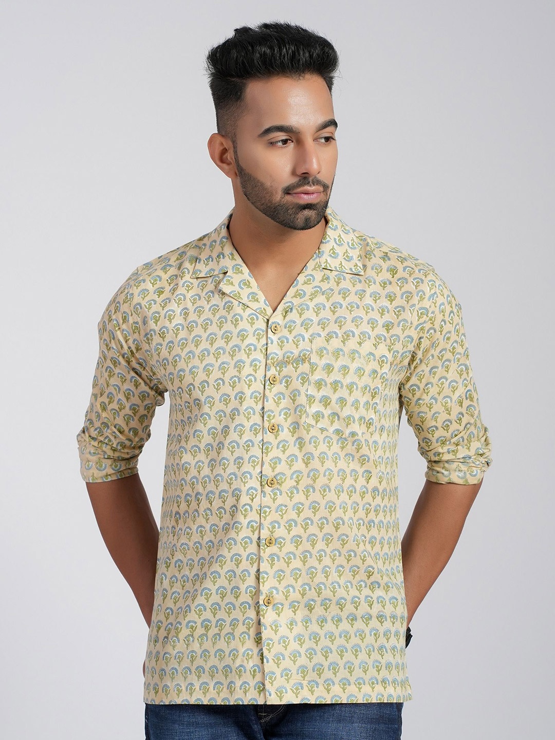 Cotton Curio Men Comfort Fit Cuban Collar Floral Printed Cotton Casual Shirt, Yellow
Cotton Curio Men Comfort Fit Cuban Collar Floral Printed Cotton Casual Shirt, Yellow