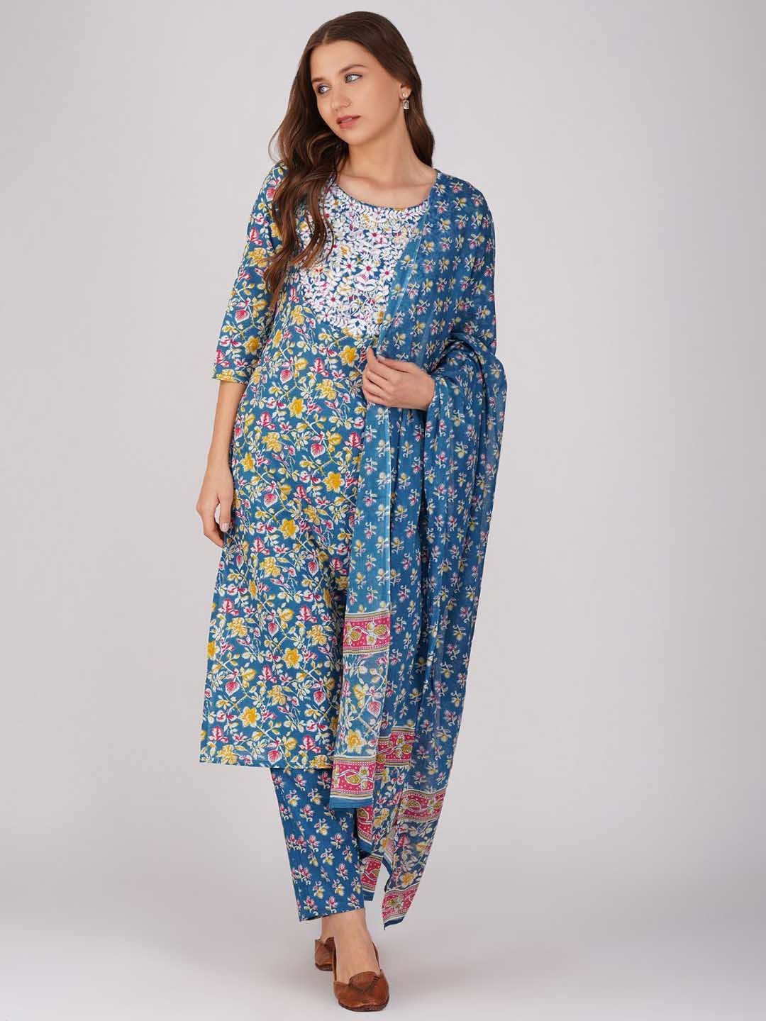Amayra Women Floral Printed Thread Work Straight Kurta With Trousers And Dupatta, Blue
Amayra Women Floral Printed Thread Work Straight Kurta With Trousers And Dupatta, Blue