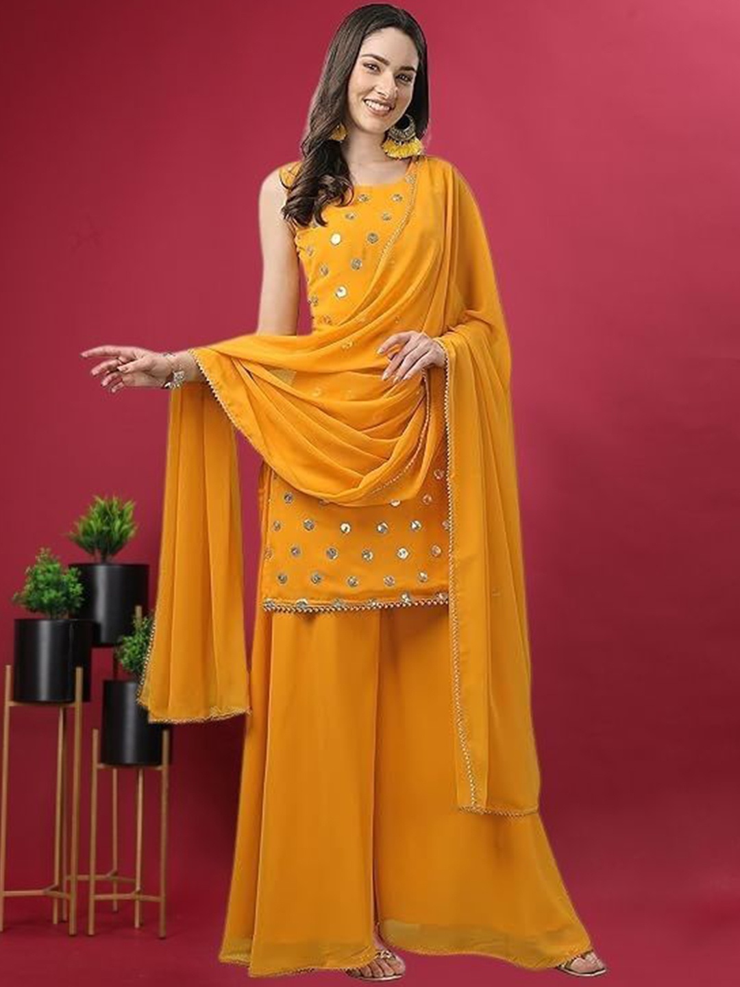 PARROT CREATION Geometric Embroidered Georgette Straight Kurti With Sharara & Dupatta, Yellow
PARROT CREATION Geometric Embroidered Georgette Straight Kurti With Sharara & Dupatta, Yellow