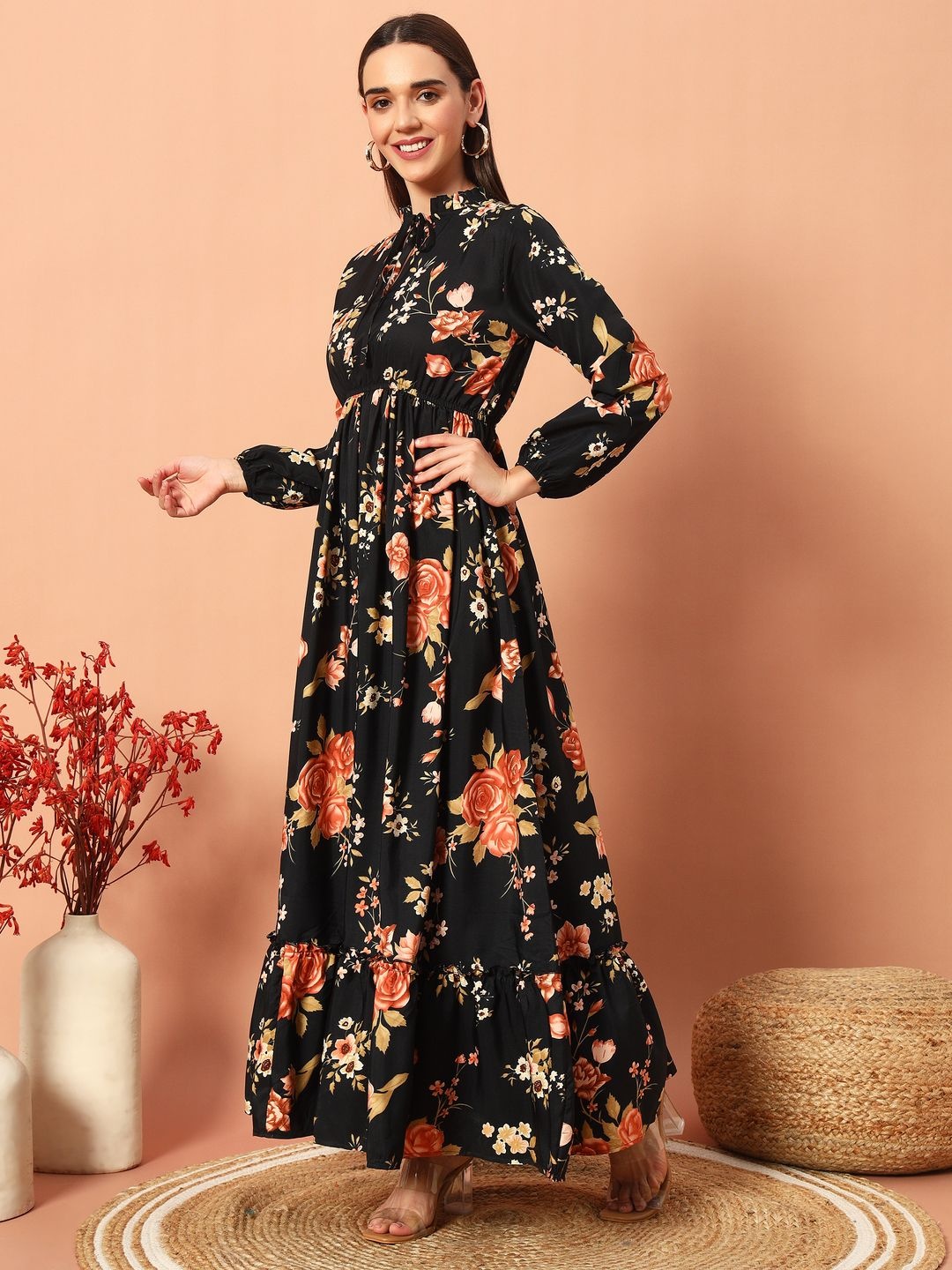 ZWERLON Women Floral Print Tie-Up Neck Puff Sleeves Tiered A-Line Maxi Dress, Black
ZWERLON Women Floral Print Tie-Up Neck Puff Sleeves Tiered A-Line Maxi Dress, Black