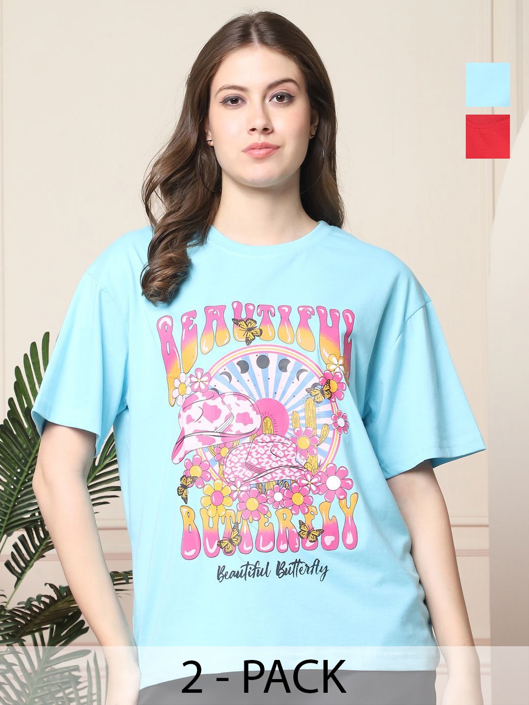 Dreambe Women Pack of 2 Graphic Printed Round Neck Cotton Relaxed Fit T-shirts, Turquoise blue
Dreambe Women Pack of 2 Graphic Printed Round Neck Cotton Relaxed Fit T-shirts, Turquoise blue