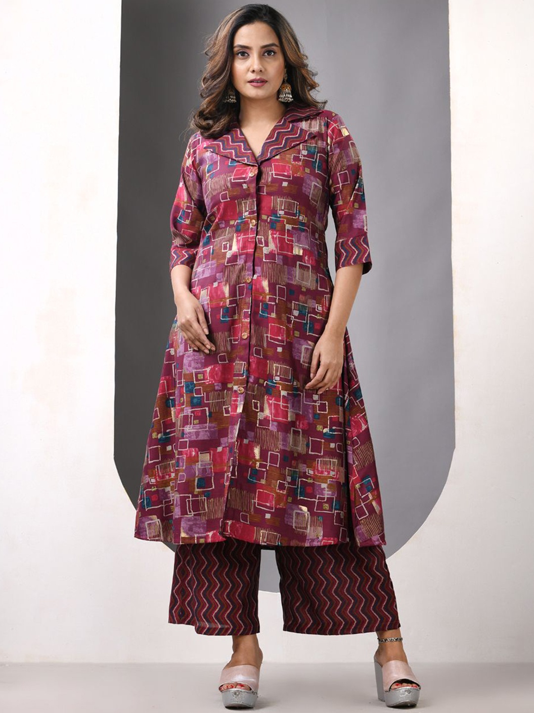 Charukriti Geometric Printed Lapel Collar Satin A-Line Kurta With Palazzos, Magenta
Charukriti Geometric Printed Lapel Collar Satin A-Line Kurta With Palazzos, Magenta