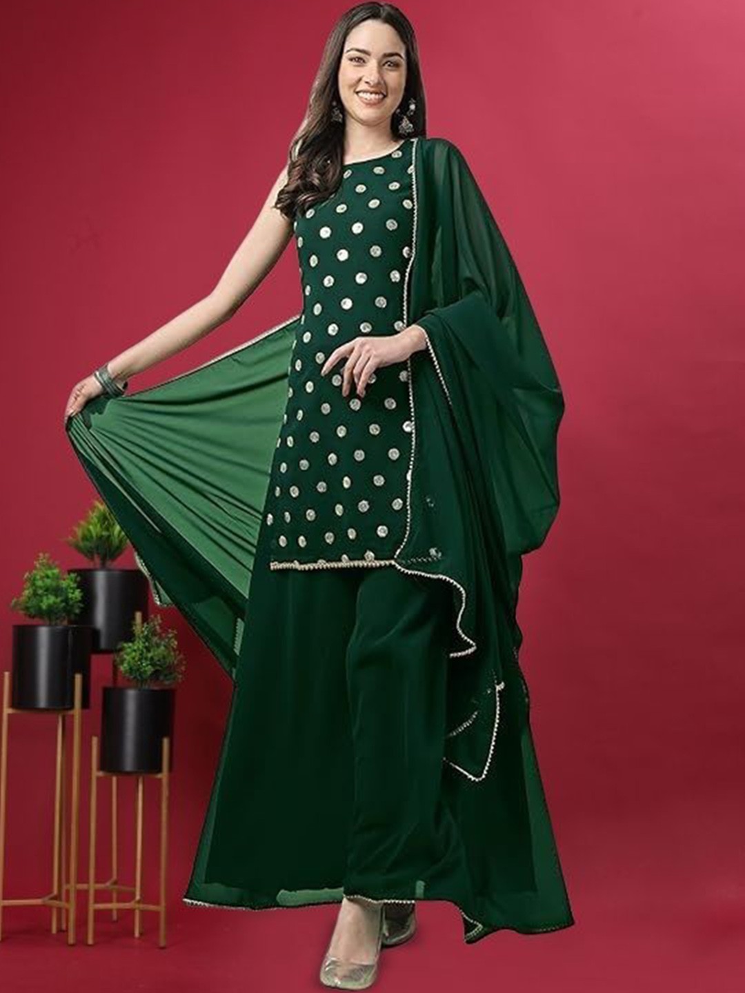 PARROT CREATION Geometric Embroidered Sequinned Georgette Kurti with Sharara And Dupatta, Green
PARROT CREATION Geometric Embroidered Sequinned Georgette Kurti with Sharara And Dupatta, Green