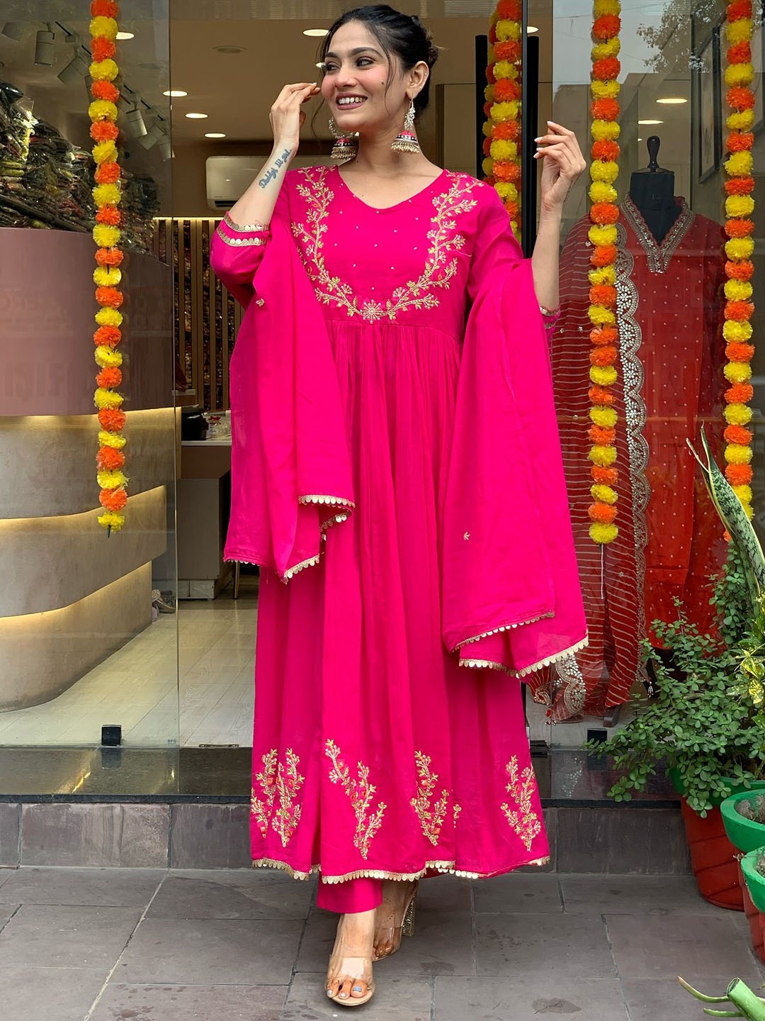 COLORWINGS Floral Embroidered Pleated Thread Work Anarkali Kurta With Palazzos & Dupatta, Pink
COLORWINGS Floral Embroidered Pleated Thread Work Anarkali Kurta With Palazzos & Dupatta, Pink