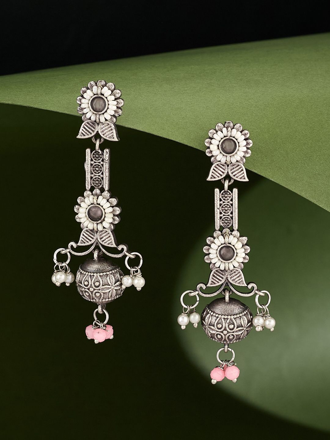 ATIBELLE German Silver Plated Artificial Stones Studded & Beaded Drop Earrings
ATIBELLE German Silver Plated Artificial Stones Studded & Beaded Drop Earrings