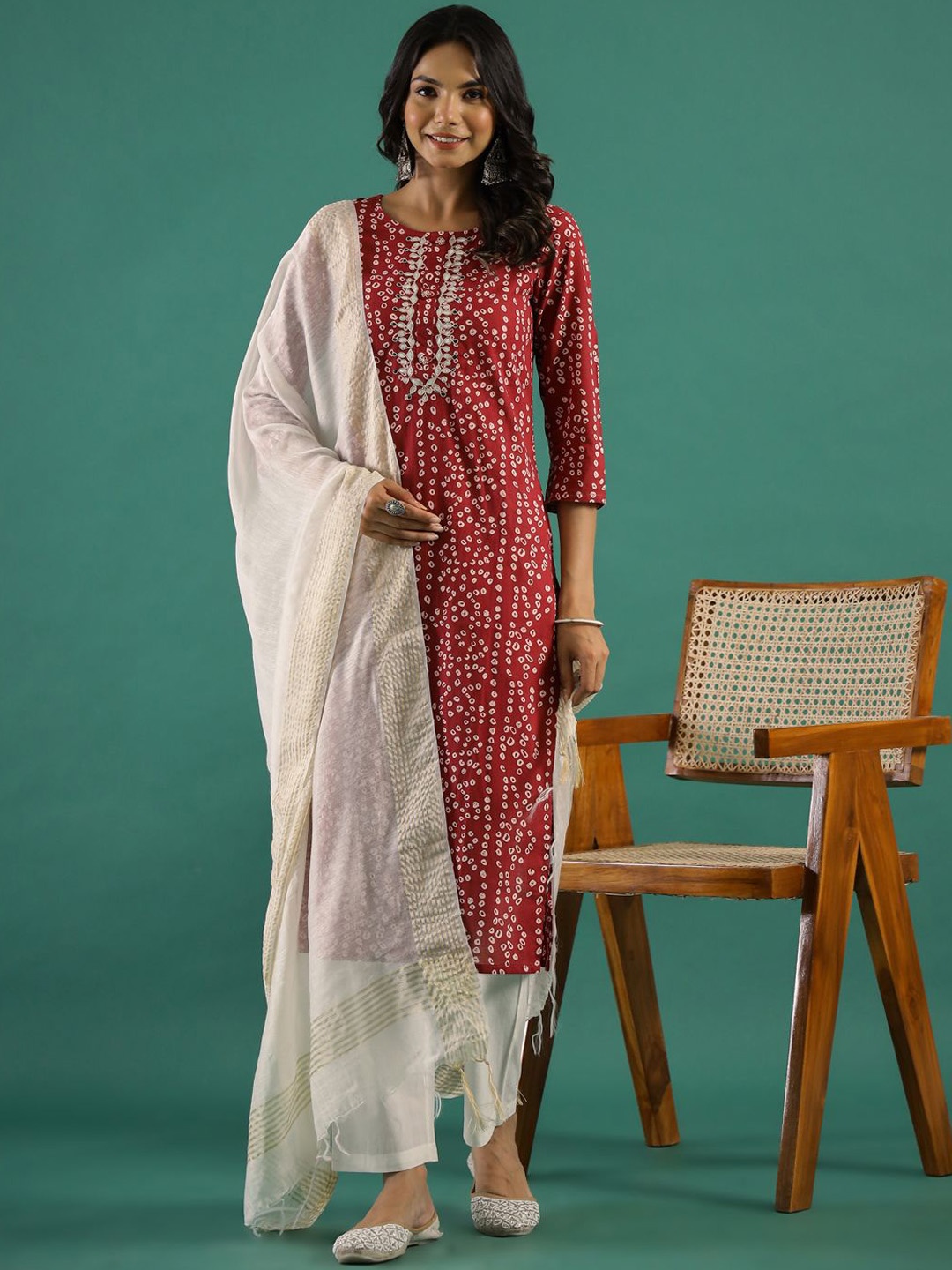 Sangria Bandhani Printed Round Neck Pure Cotton Straight Kurta With Trousers & Dupatta, Maroon
Sangria Bandhani Printed Round Neck Pure Cotton Straight Kurta With Trousers & Dupatta, Maroon
