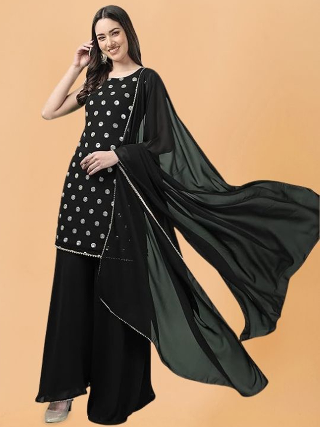 PARROT CREATION Geometric Embroidered Georgette Straight Kurti With Sharara & Dupatta, Black
PARROT CREATION Geometric Embroidered Georgette Straight Kurti With Sharara & Dupatta, Black