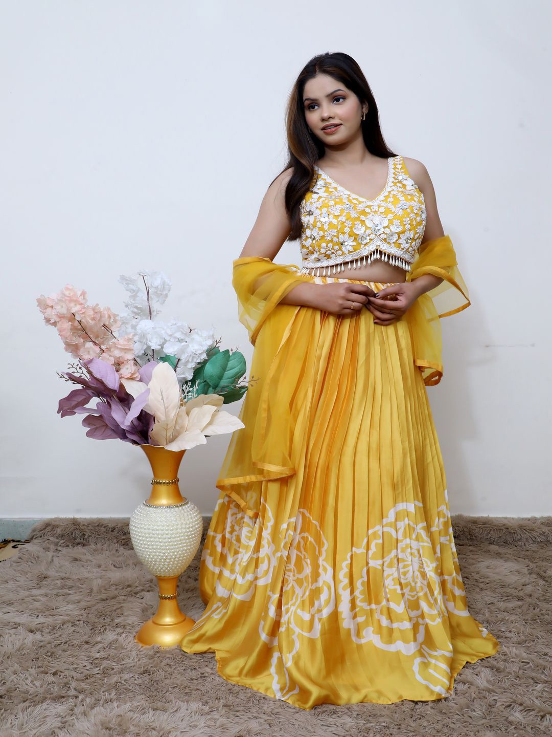Wavy Collection Floral Embroidered Sequinned Ready to Wear Lehenga & Blouse With Dupatta, Yellow
Wavy Collection Floral Embroidered Sequinned Ready to Wear Lehenga & Blouse With Dupatta, Yellow