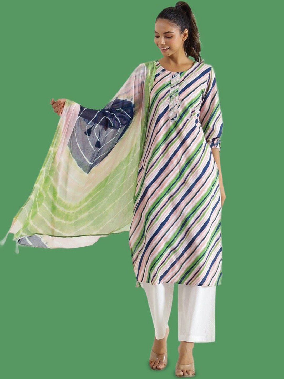 Sangria Green Striped Gotta Patti Pure Cotton Straight Kurta With Trousers And Dupatta
Sangria Green Striped Gotta Patti Pure Cotton Straight Kurta With Trousers And Dupatta
