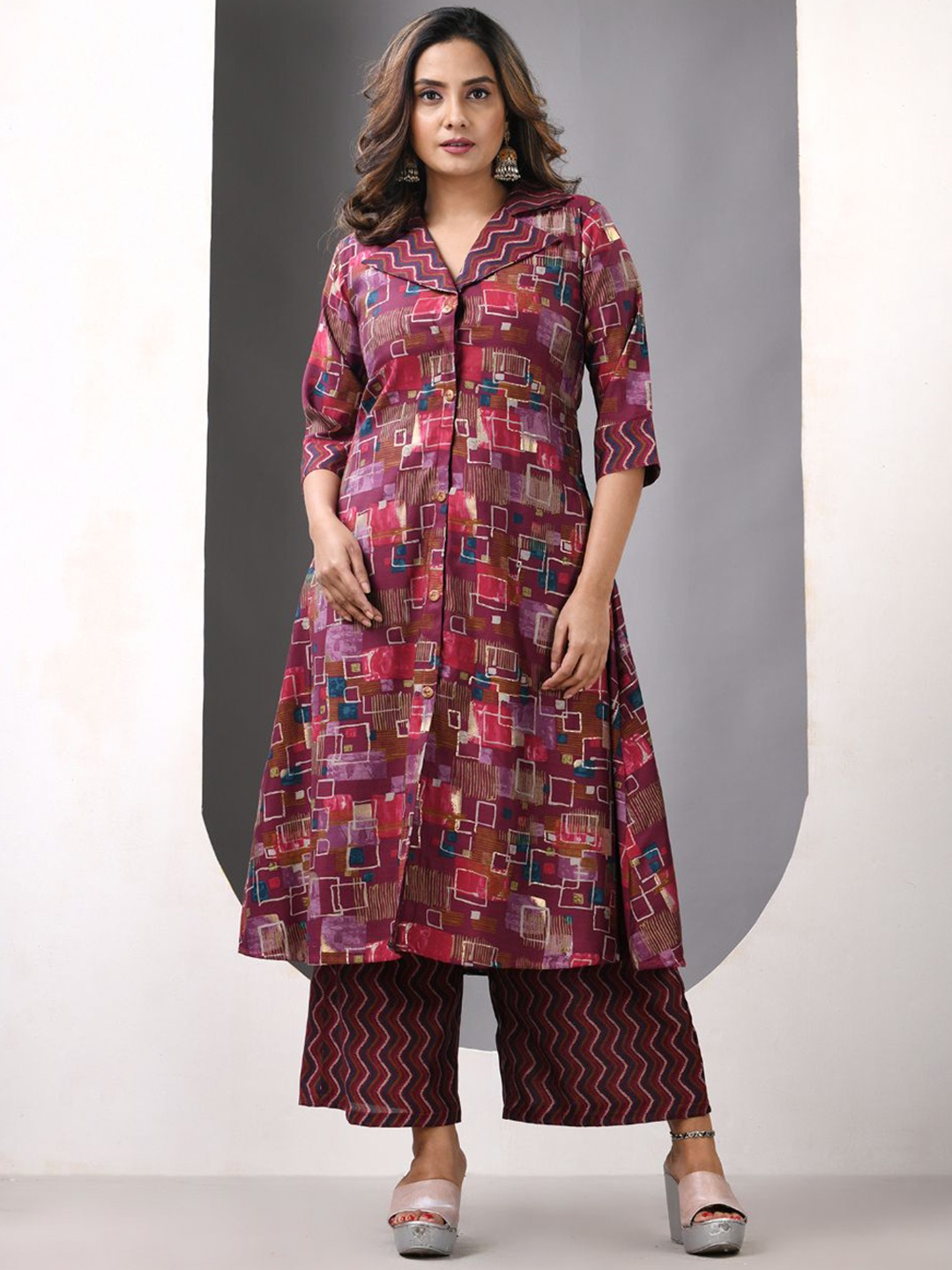 Charukriti Geometric Printed Shirt Collar Satin A-Line Kurta With Palazzos, Magenta
Charukriti Geometric Printed Shirt Collar Satin A-Line Kurta With Palazzos, Magenta