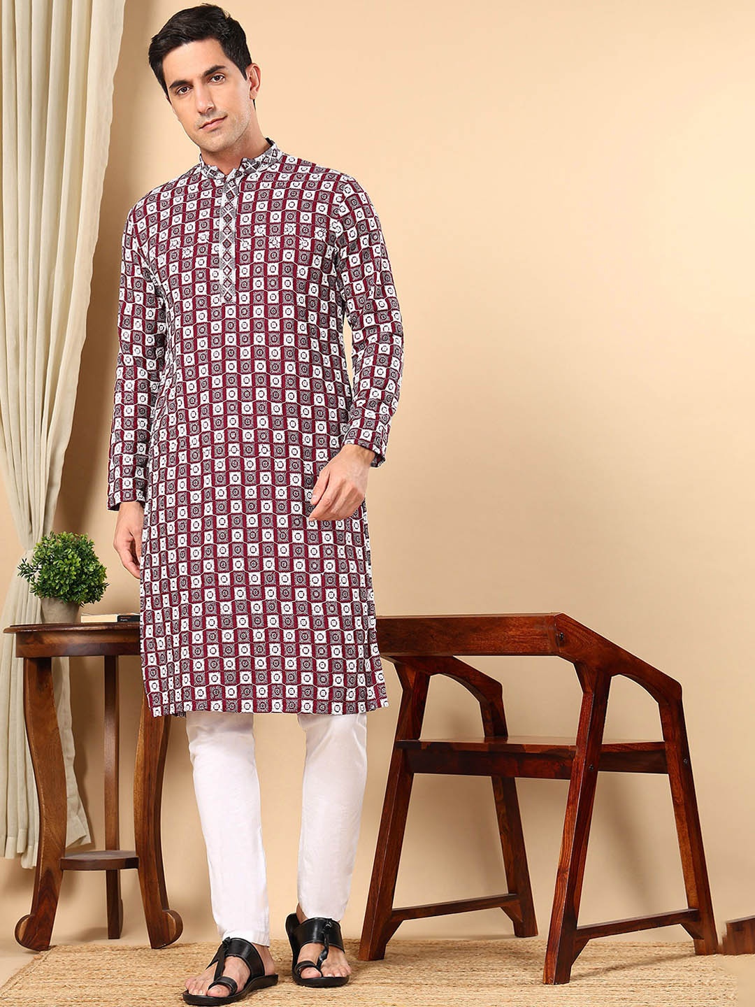TATTVA Embroidered Mandarin Collar Straight Thread Work Pure Cotton Kurta With Pyjamas, Maroon
TATTVA Embroidered Mandarin Collar Straight Thread Work Pure Cotton Kurta With Pyjamas, Maroon