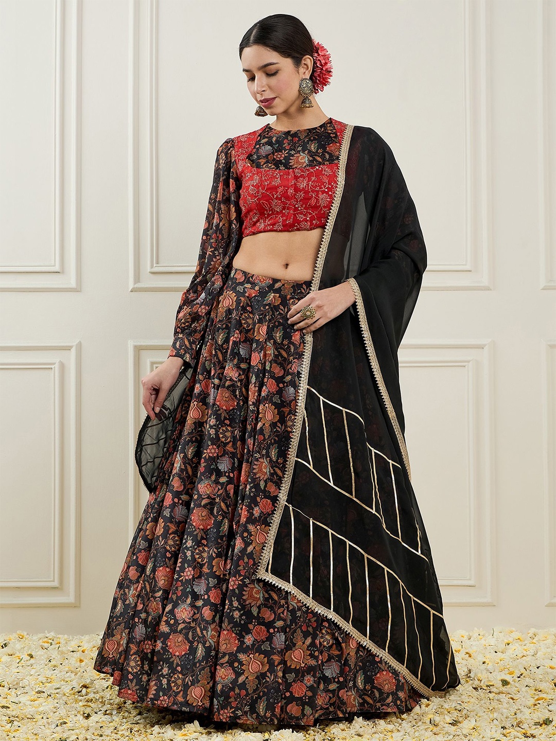 ADORNIA Printed Sequinned Puffed Sleeves Silk Ready to Wear Lehenga & Blouse With Dupatta, Black
ADORNIA Printed Sequinned Puffed Sleeves Silk Ready to Wear Lehenga & Blouse With Dupatta, Black