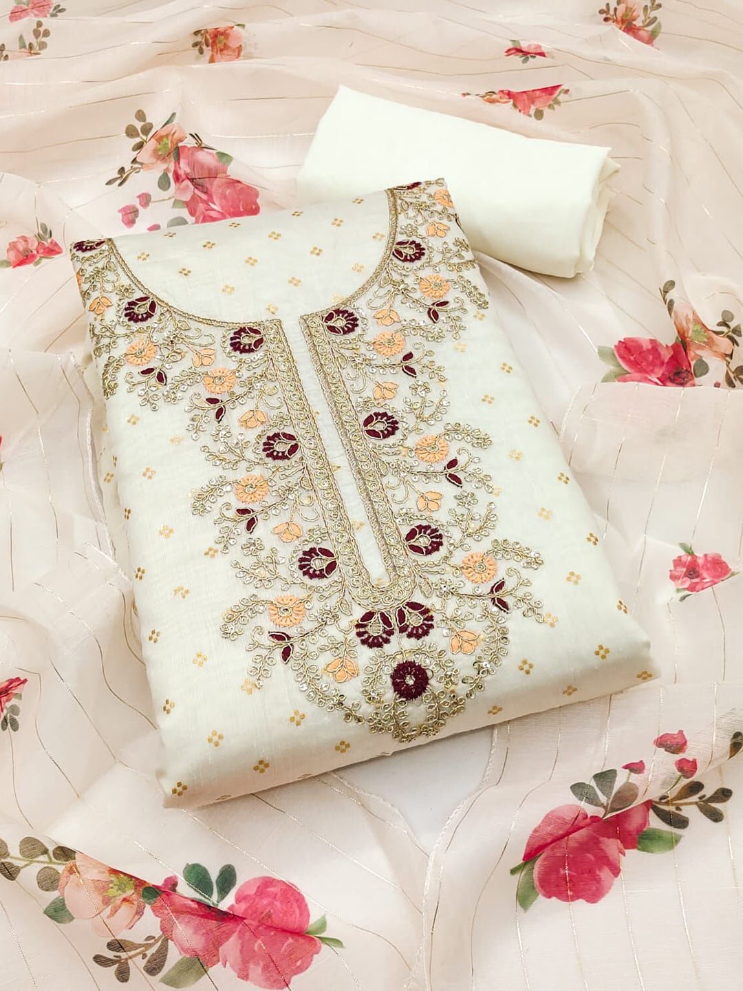 BlissFlair Floral Embroidered Sequinned Chanderi Cotton Unstitched Dress Material, White
BlissFlair Floral Embroidered Sequinned Chanderi Cotton Unstitched Dress Material, White