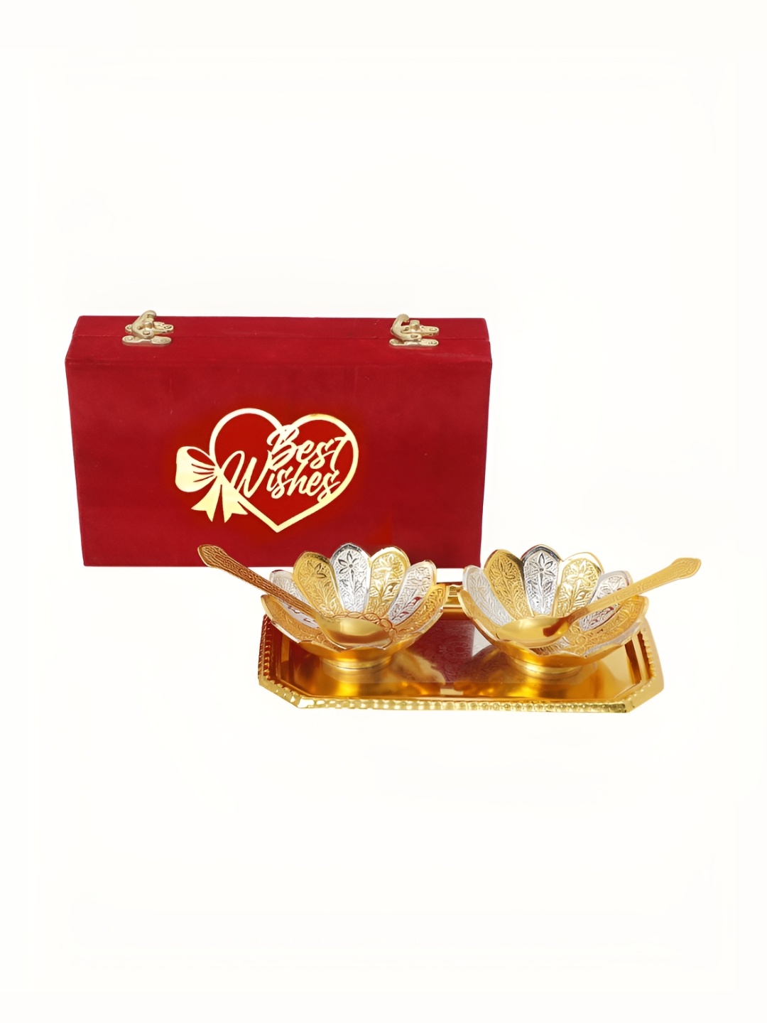 INTERNATIONAL GIFT Gold-Toned 5 PCS Textured Bowl Set With Tray & Spoons With Velvet Box
INTERNATIONAL GIFT Gold-Toned 5 PCS Textured Bowl Set With Tray & Spoons With Velvet Box