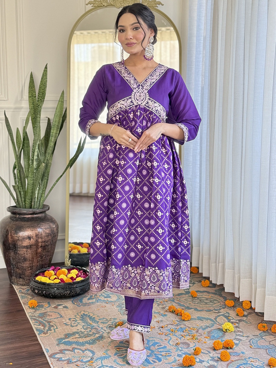 KALINI Floral Printed Embroidered V Neck Empire Chanderi Silk Kurta With Trouser & Dupatta, Purple
KALINI Floral Printed Embroidered V Neck Empire Chanderi Silk Kurta With Trouser & Dupatta, Purple