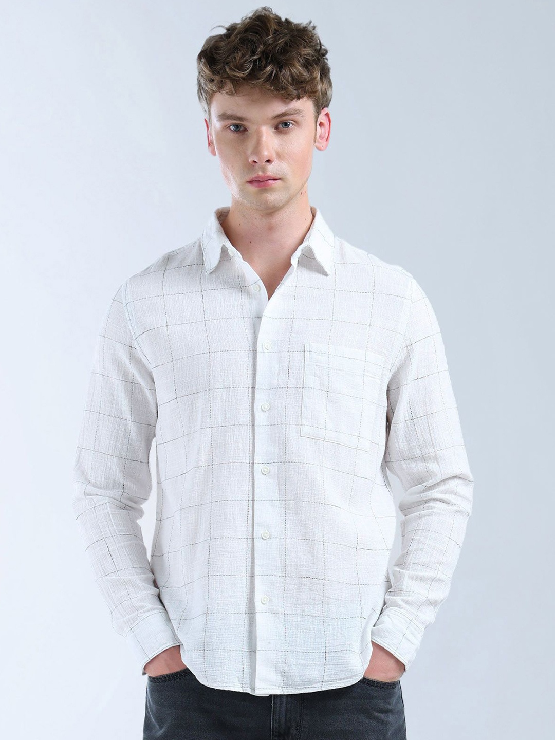 Flying Machine Men Classic Fit Spread Collar Grid Tattersall Checked Cotton Casual Shirt, White
Flying Machine Men Classic Fit Spread Collar Grid Tattersall Checked Cotton Casual Shirt, White