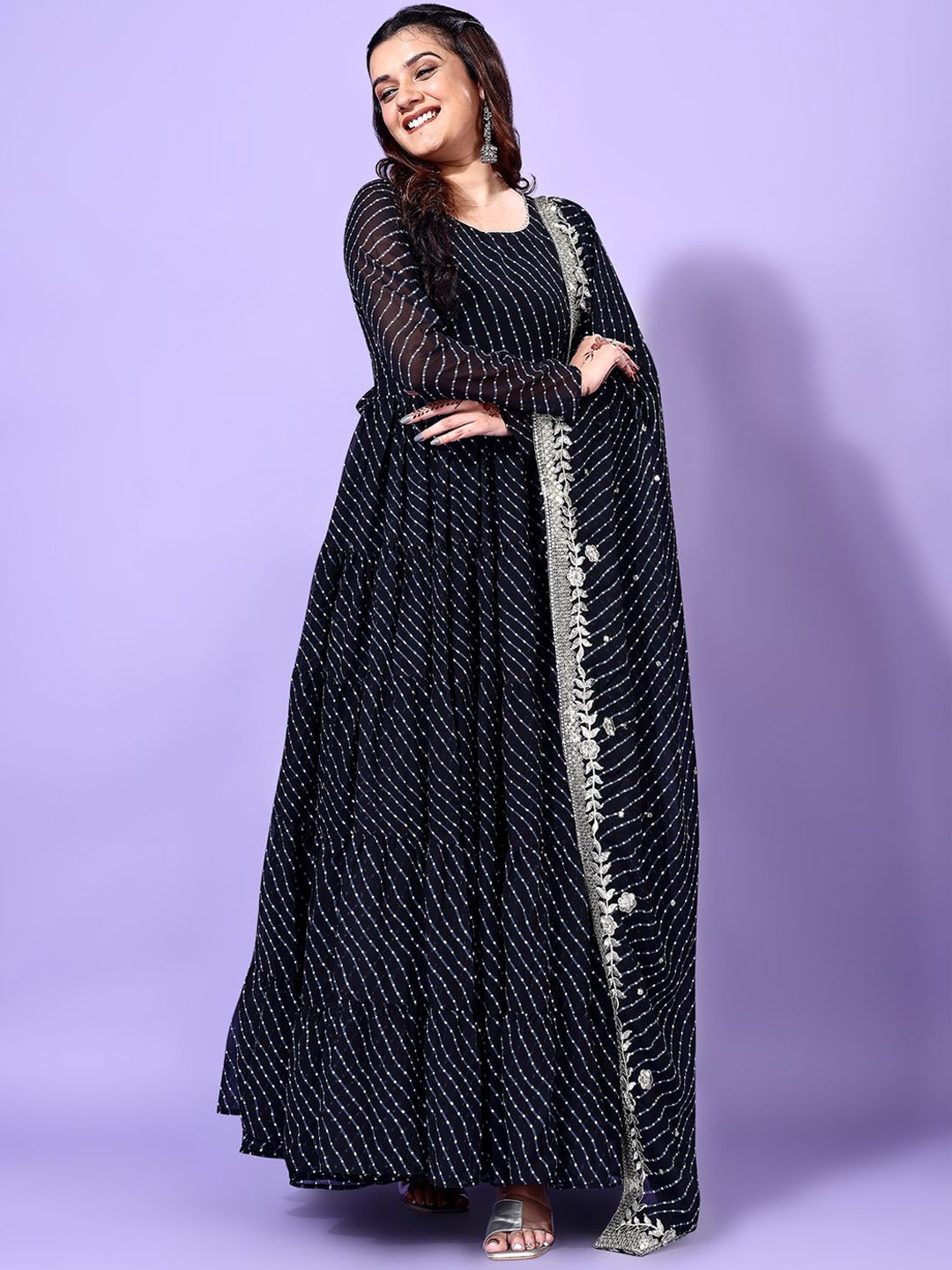 Ethnic Yard Leheriya Printed Round Neck Anarkali Kurta With Trouser And Dupatta, Black
Ethnic Yard Leheriya Printed Round Neck Anarkali Kurta With Trouser And Dupatta, Black