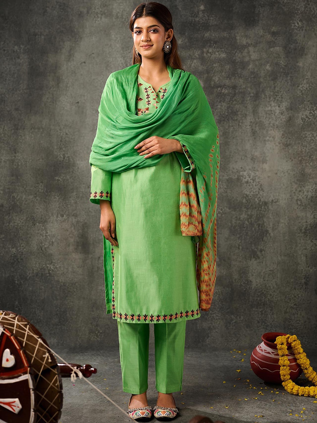 Phulkari Forever Embroidered Pure Chanderi Straight Kurta With Trousers & Dupatta, Green
Phulkari Forever Embroidered Pure Chanderi Straight Kurta With Trousers & Dupatta, Green
