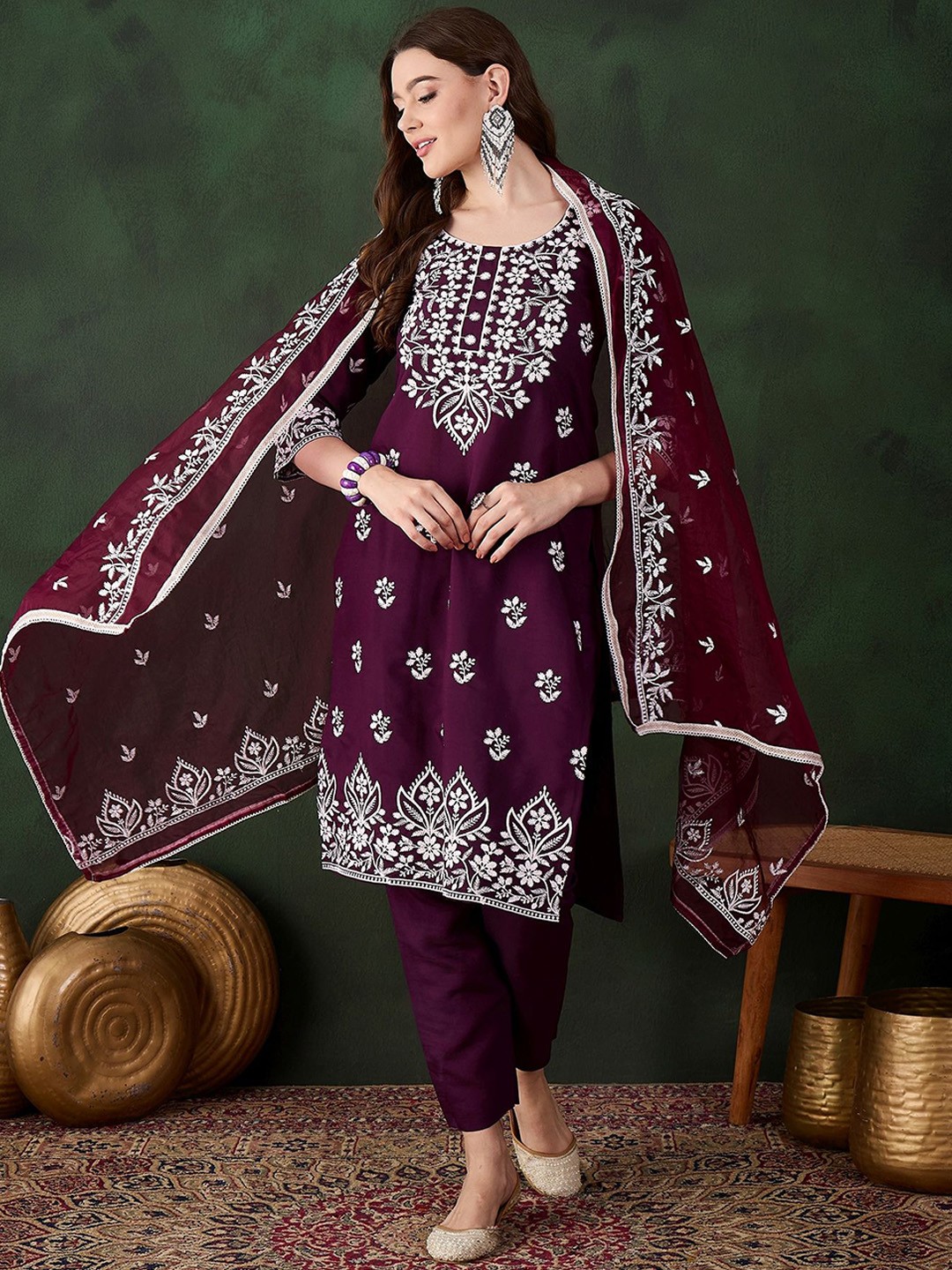 MANVAA Floral Embroidered Straight Thread Work Kurta With Trousers And Dupatta, Purple
MANVAA Floral Embroidered Straight Thread Work Kurta With Trousers And Dupatta, Purple