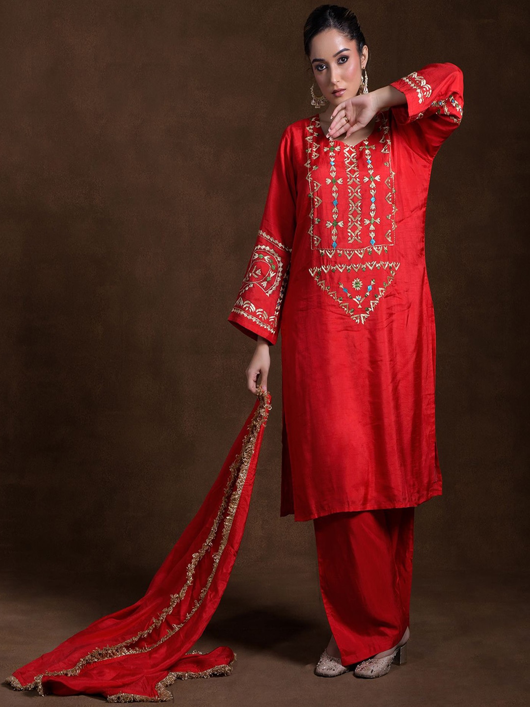 Phulkari Forever Floral Embroidered Pure Silk Straight Kurta With Trousers & Dupatta, Red
Phulkari Forever Floral Embroidered Pure Silk Straight Kurta With Trousers & Dupatta, Red