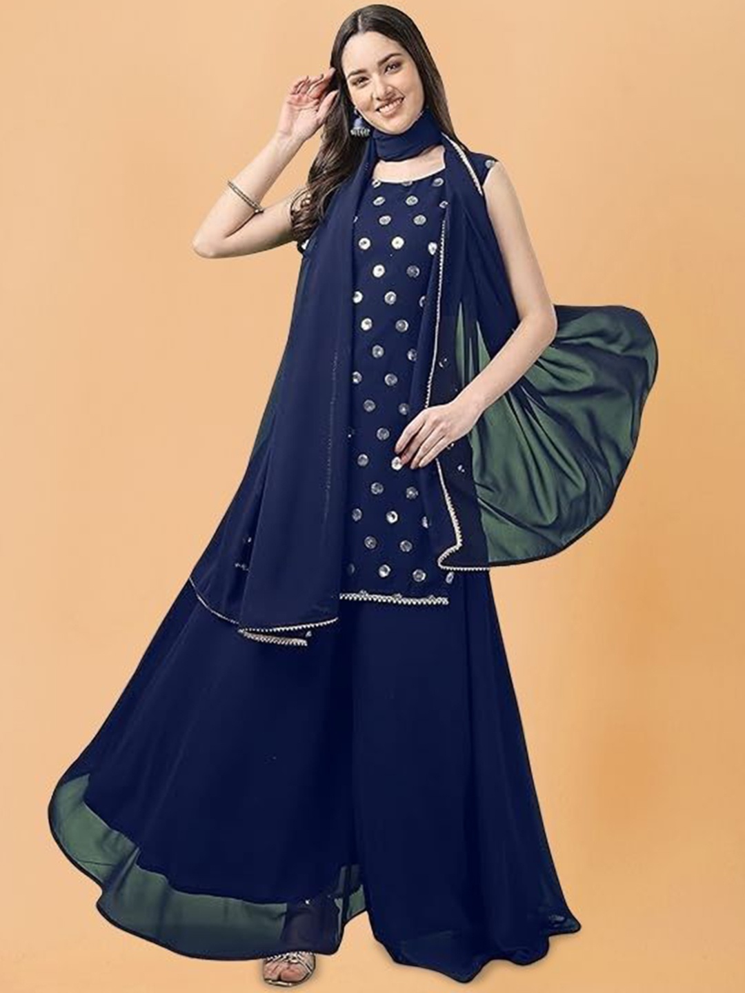 PARROT CREATION Geometric Embroidered Sequinned Georgette Kurti with Sharara And Dupatta, Navy blue
PARROT CREATION Geometric Embroidered Sequinned Georgette Kurti with Sharara And Dupatta, Navy blue