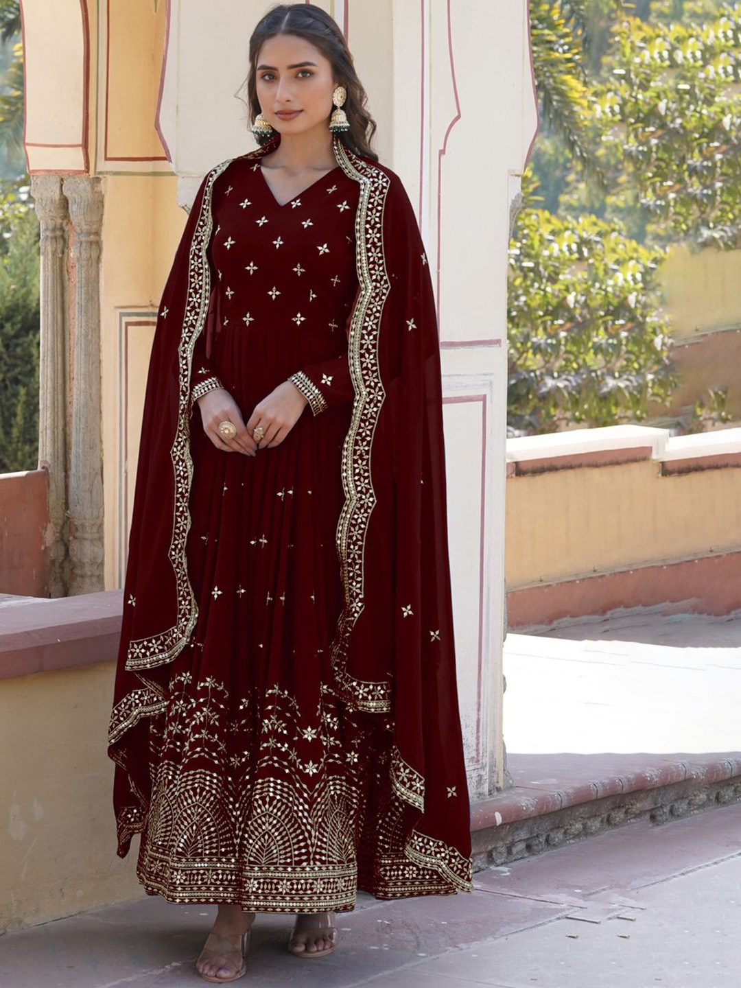 KALINI Floral Embroidered V Neck Gotta Patti Work Georgette Anarkali Kurta With Dupatta, Maroon
KALINI Floral Embroidered V Neck Gotta Patti Work Georgette Anarkali Kurta With Dupatta, Maroon