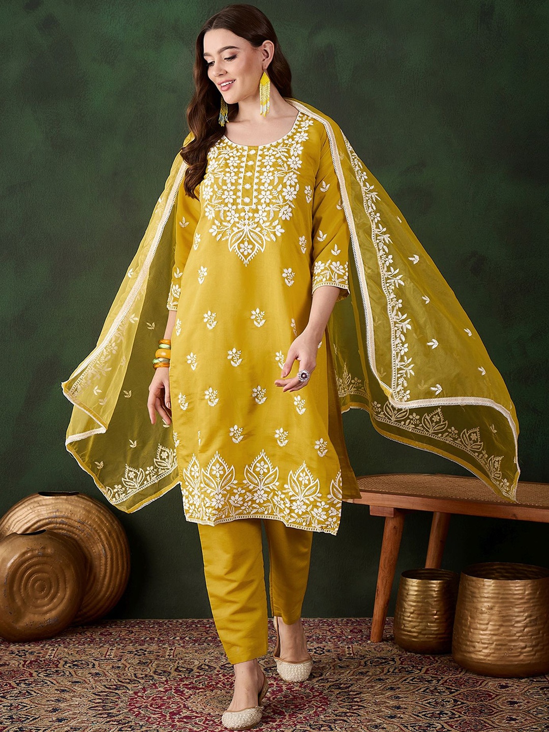 MANVAA Floral Embroidered Thread Work Straight Kurta With Trousers And Dupatta, Mustard
MANVAA Floral Embroidered Thread Work Straight Kurta With Trousers And Dupatta, Mustard